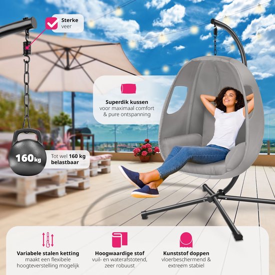 tectake® Chaise suspendue avec cadre - Chaise à bascule avec coussin + coussin de dossier - Meuble de salon ou de chambre - Meuble de balcon - Intérieur ou extérieur - Jusqu'à 160kg - Gris clair