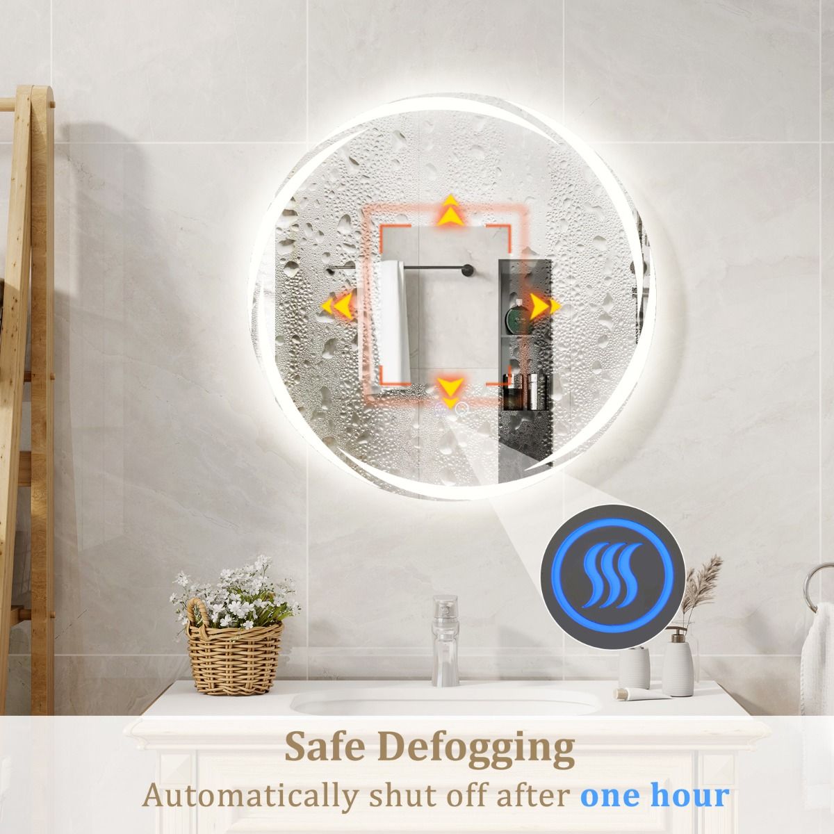 Coast 60x60 cm Miroir de salle de bain LED rond argenté avec éclairage 3 couleurs graduable, anti-buée et fonction mémoire