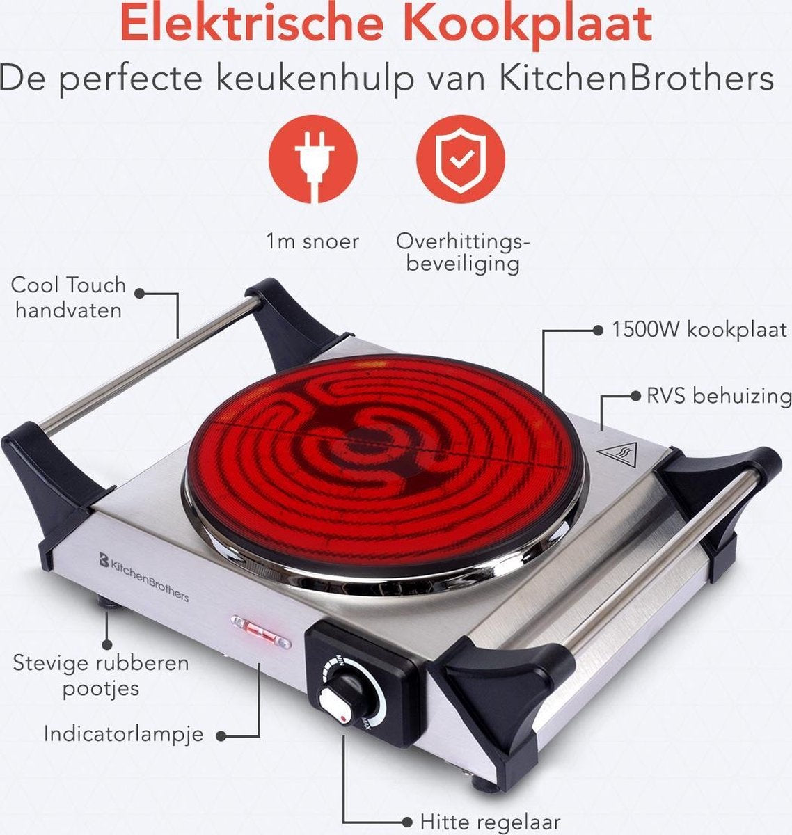 KitchenBrothers Table de cuisson électrique - 1 brûleur - 1500W - inox