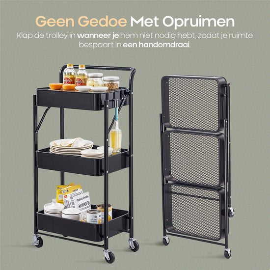 O'DADDY® Kitchen Trolley Collapsible - 3 Layers - Serviteur sur roues - Chariot de cuisine - Table roulante - Chariot de rangement - Chariot de rangement - Support de cuisine - Noir