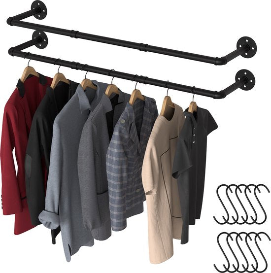 Noswo Wall Clothes Rack - 2 Pieces - High Quality Steel Clothes Rod - Clothes Rack - Hanging Rack - Wardrobe Rod - 112 cm - Black