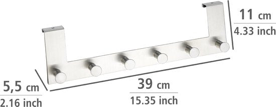 WENKO Porte-manteau de porte Celano en acier inoxydable, 39 cm de large, avec 6 crochets - Barre à crochets - Porte-manteau de porte - Pour portes à recouvrement de 2 cm d'épaisseur