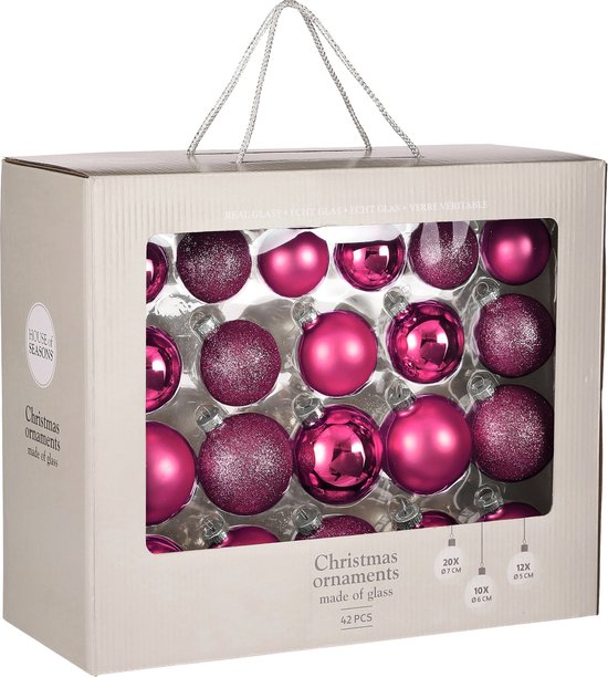 Set de boules de Noël - House of seasons - 42 Pièces - Ø7 cm - Verre - Fuchsia