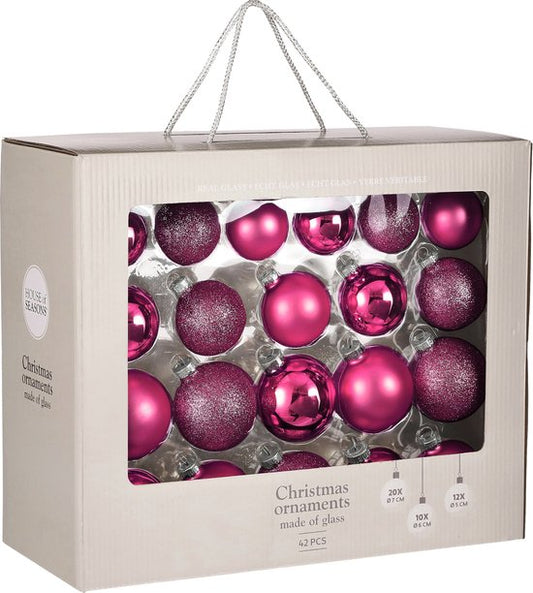 Set de boules de Noël - House of seasons - 42 Pièces - Ø7 cm - Verre - Fuchsia