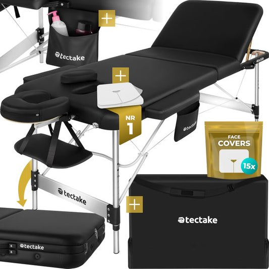 tectake® Table de massage à 3 zones - 70cm de large - Banc de traitement avec rembourrage de 5cm d'épaisseur et cadre en aluminium - 15 lingettes pour appui-tête et sac de transport inclus - Capacité de charge maximale de 230kg - Noir
