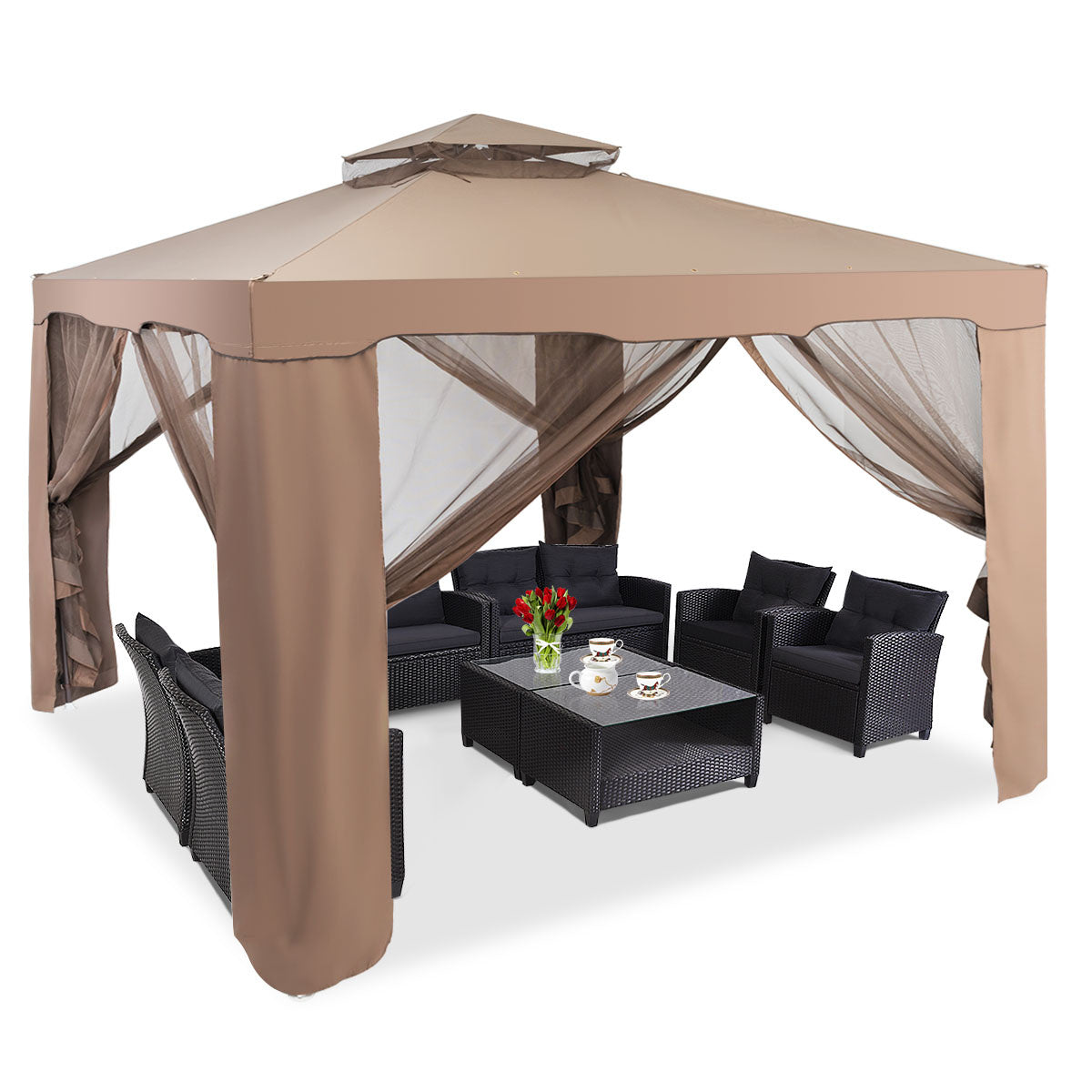 Tonnelle de jardin pliante Coast avec 4 parois latérales - 300x300x265cm - Marron