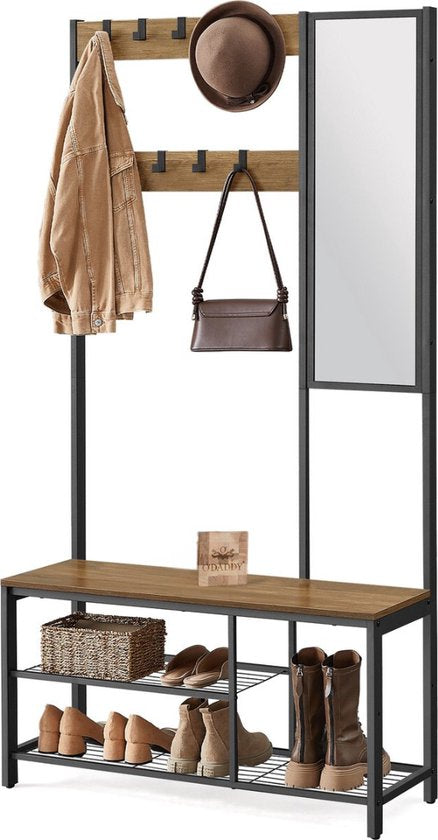 O'DADDY® Clothes Rack With Mirror - Porte-manteau - Shoe Rack - Coat rack upright - Vintage Look - Black and Brown - Shoe Rack - Coat racks