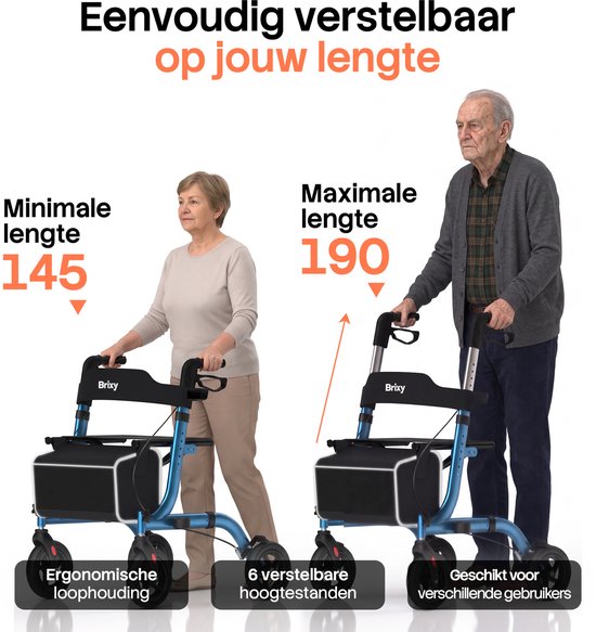 Rollator Brixy - Léger et pliable - Roues en caoutchouc à 360° - Siège intégré - Utilisation à l'intérieur et à l'extérieur - Dossier, sac et support pour canne - Bleu