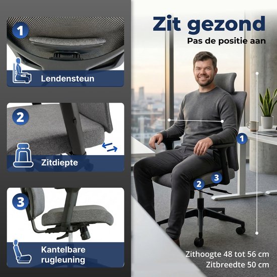 Chaise de bureau ergonomique Backerz - Chaises de bureau pour adultes jusqu'à 160 kg - Chaise de bureau en tissu - NEN-EN1335