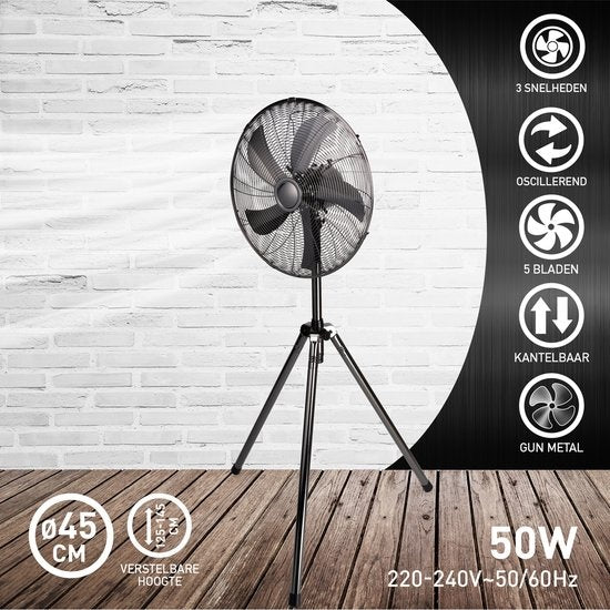 Lifetime Ventilateur tripode - 230V - Hauteur 125-145 CM - Trépied - 3 vitesses - Fonction oscillante - Inclinaison - Argent