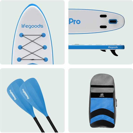LifeGoods PaddlePro SUP Board - Planche à pagaie gonflable - Ensemble complet - Max. 135KG - 320x81cm - Blanc/Bleu ciel
