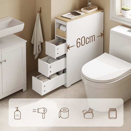 SoBuy Meuble de toilette 20 cm, meuble de salle de bain avec 3 tiroirs, petit meuble à papier toilette, étagère mobile pour salle de bain, toilettes et cuisine, blanc, 60 x 20 x 82,3 cm