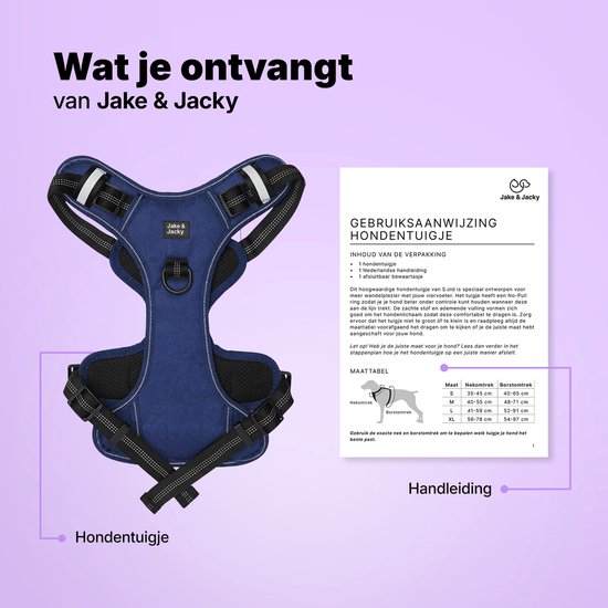 Harnais pour chien Jake and Jacky - Harnais anti-traction - Harnais pour chien - Harnais en Y - Réfléchissant - Bleu - Taille S