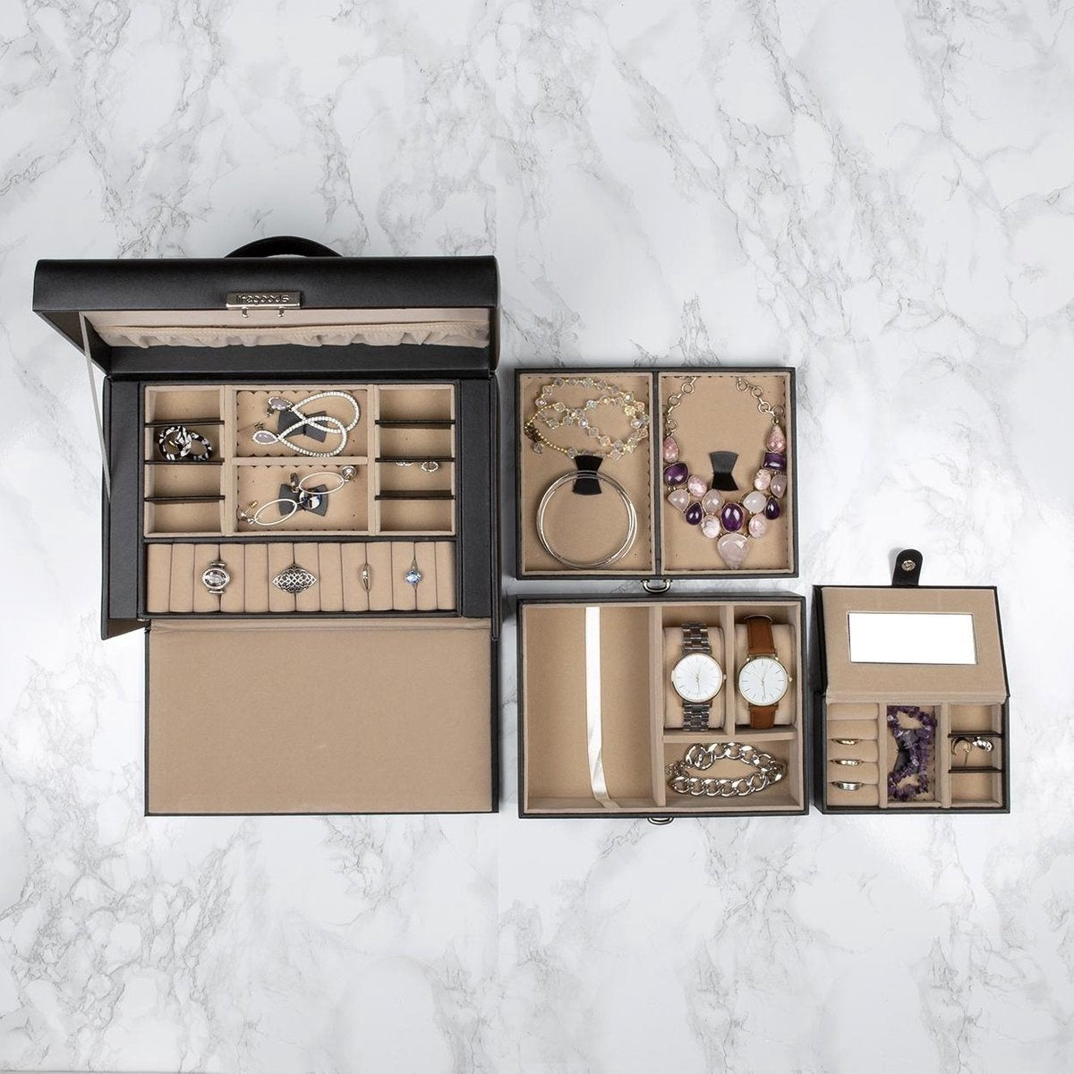 LifeGoods Boîte à bijoux XL - Boîte à bijoux - 20 compartiments - Noir/Beige