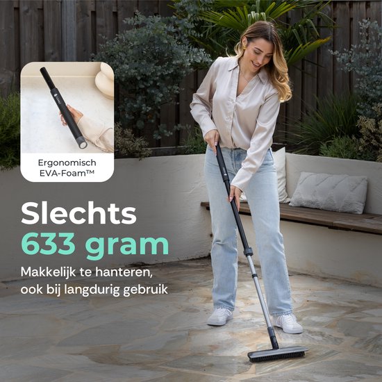 CLEANLY Brosse à récurer et raclette de sol avec manche - Brosse de nettoyage - Brosse à récurer avec manche - Brosse à récurer - Raclette - Réglable 116-144 cm - Largeur 30.5 cm - Noir, Gris