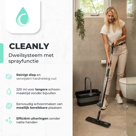 CLEANLY Mopping System with Spray and Wringer 136 cm - Floor Wiper - Mop Set with Foldable Bucket - Spray Mop - Width 36 cm - Black, Grey