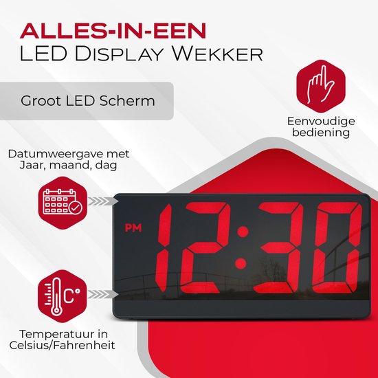 Réveil numérique Caliber - Réveils numériques - Durée de la fonction « snooze » réglable - Réveil - Écran à luminosité réglable - Horloge numérique pour chambre à coucher - Chargeur USB