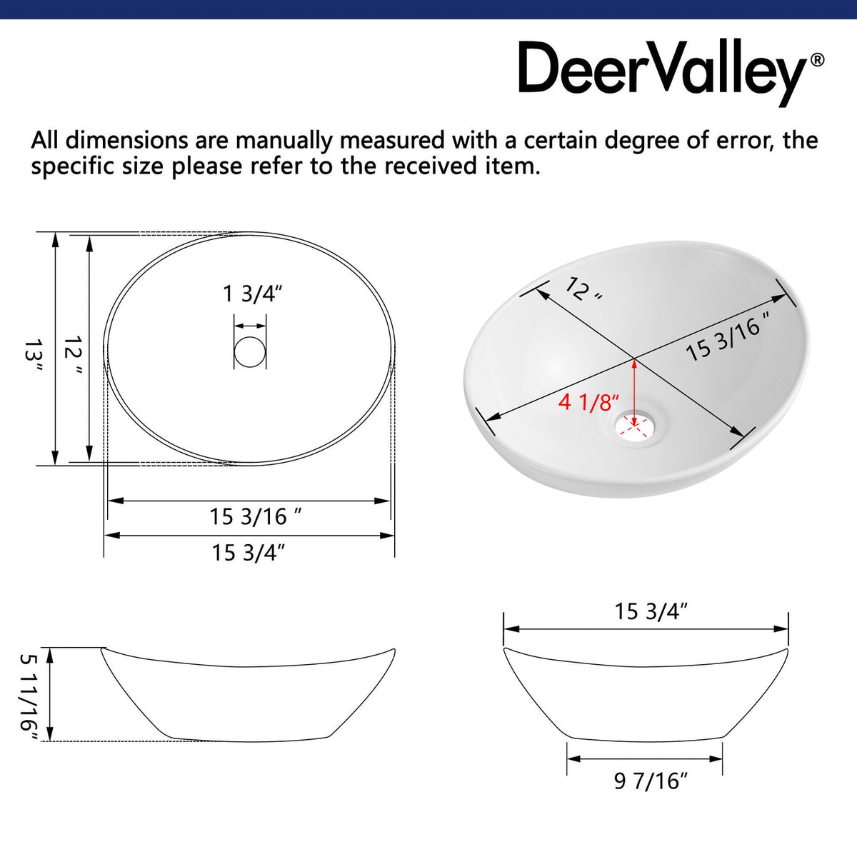 Lavabo à poser DeerValley DV-1V051 - Blanc - Céramique - Finition brillante - Design sans joint - 40 x 33 x 14,5 cm