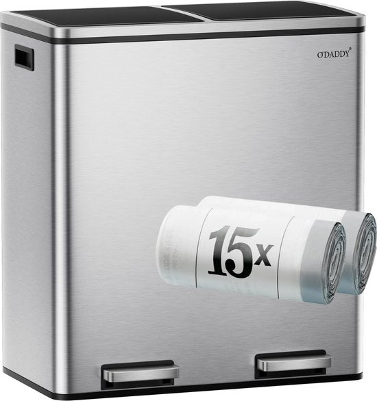 Poubelle O'DADDY® - Poubelle – Duo Bin – 60 litres – Fermeture douce – 58,6 x 32 x 65 cm – 2 seaux intérieurs / compartiments - Poubelle - Poubelle à pédale 60 L - Corbeille à papier - Poubelle - Poubelle pour le tri sélectif – 15 sacs poubelle inclus – A