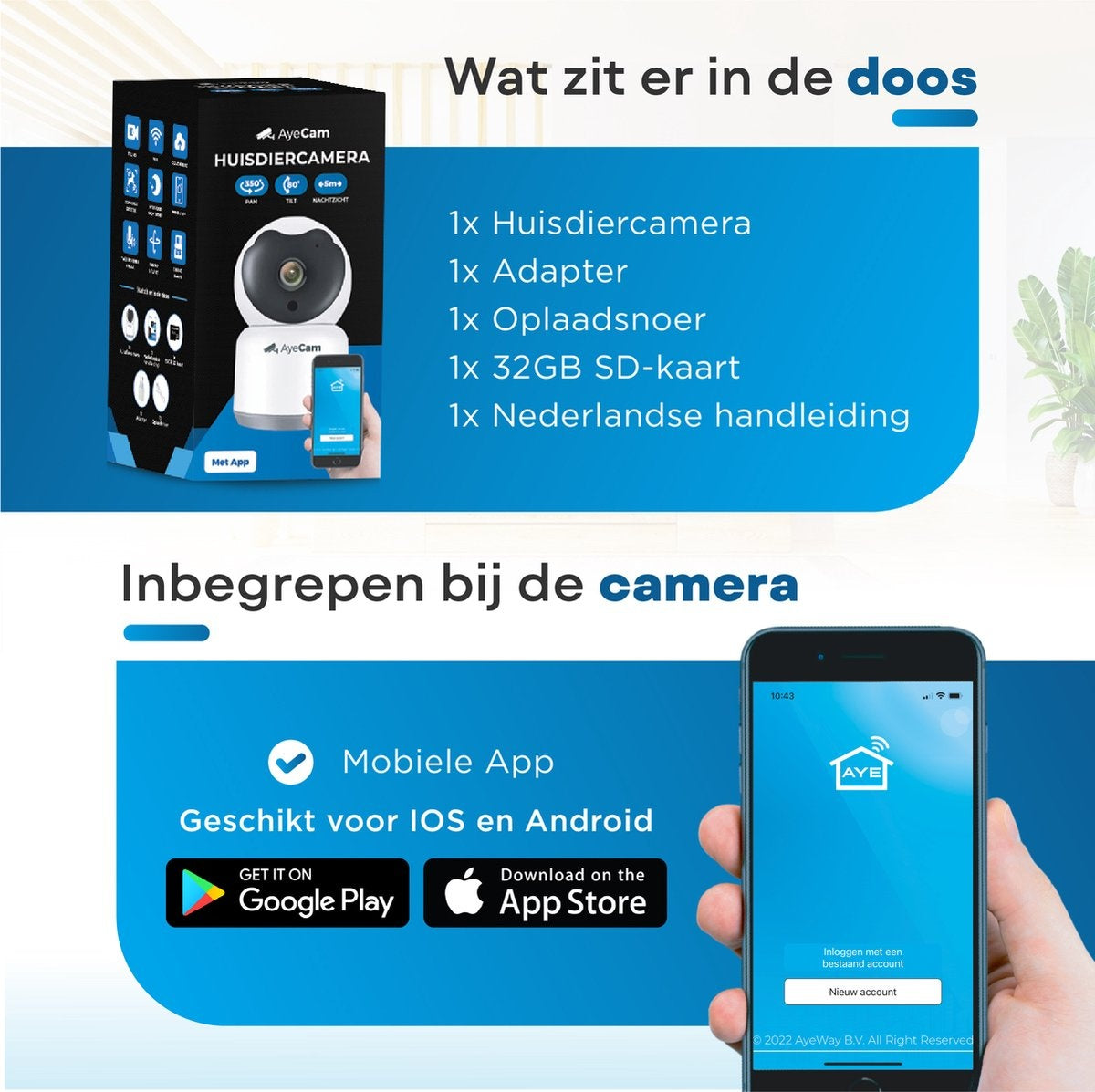 AyeCam Pet Camera - Avec App - Incl. 32GB SD - WiFi - Détection de mouvement et de son - Caméra de sécurité - Caméra pour chien