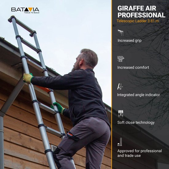 Batavia Échelle télescopique 3,81 m - Convient pour l'intérieur et l'extérieur. Légère, compacte, construction en aluminium et sûre - Giraffe Air® Pro