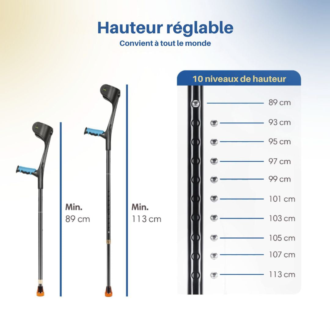 Ensemble de béquilles de marche et de coude SafeLife® - 2 pièces - Hauteur réglable - Design ergonomique - Stable et léger - Aluminium noir et plastique