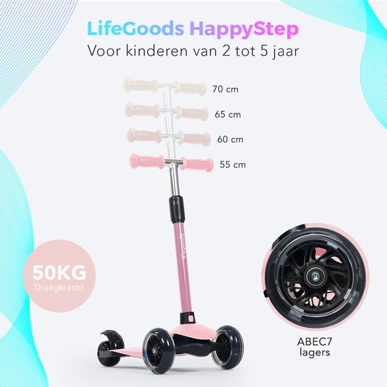 Trottinette enfants - LifeGoods - 2-5 ans - 3 roues LED lumineuses - Hauteur réglable - Garçons/Filles - Rose pastel