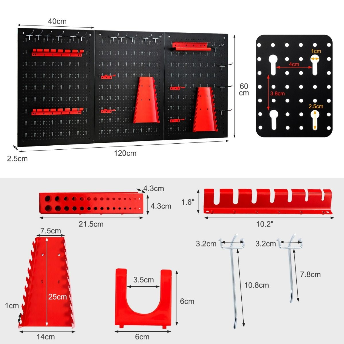 Pegboard Wall Organizer Metal Pegboard Tools Storage Kit with 3 Pegboards & 25 Hanging Accessories Black+Red