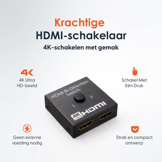 Skoov Commutateur HDMI 2 in 1 out - Plug & Play - Dolby / 3D - Répartiteur - 4K - 60HZ - Premium - Universel - Jeu - TV - Extender - Accessoires
