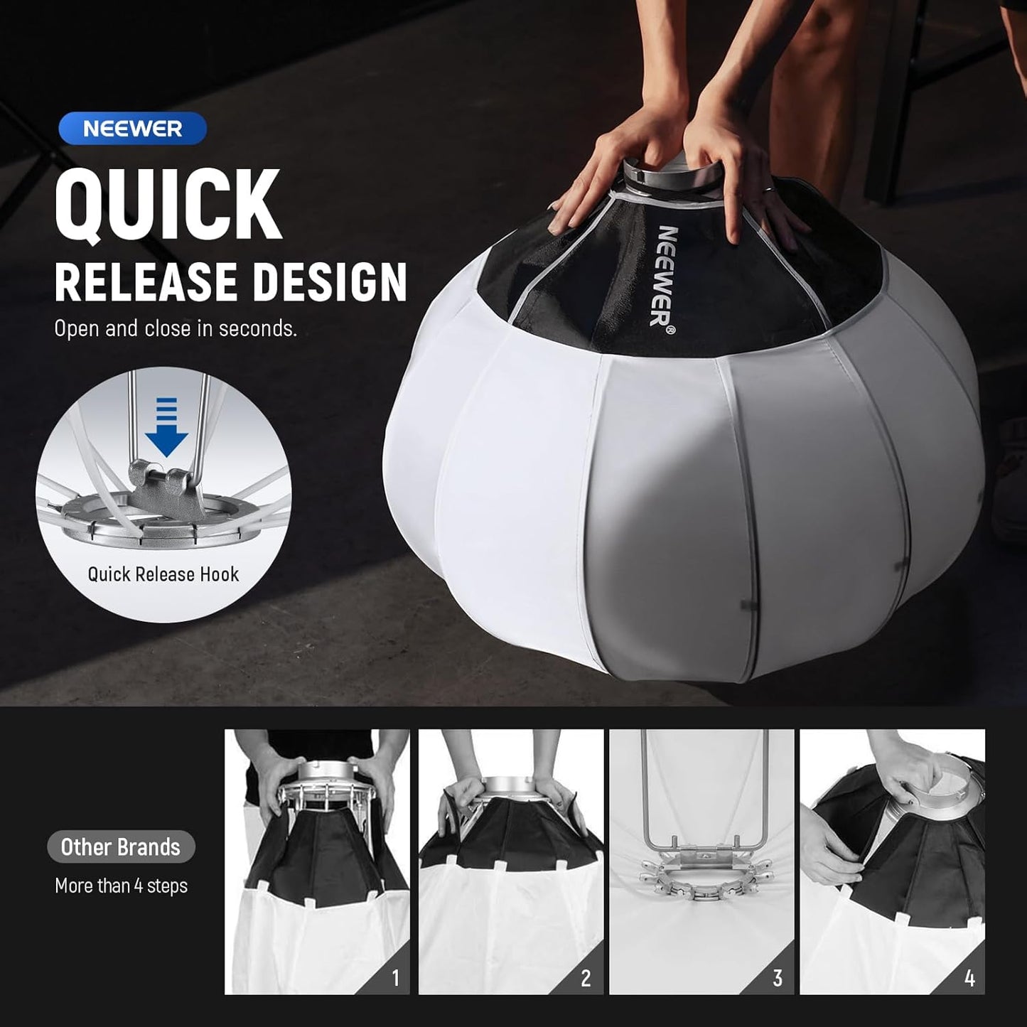 Softbox Neewer 50 cm, blanche - Diffuseur de lumière à fixation rapide à 360° avec monture Bowens pour lampes vidéo LED