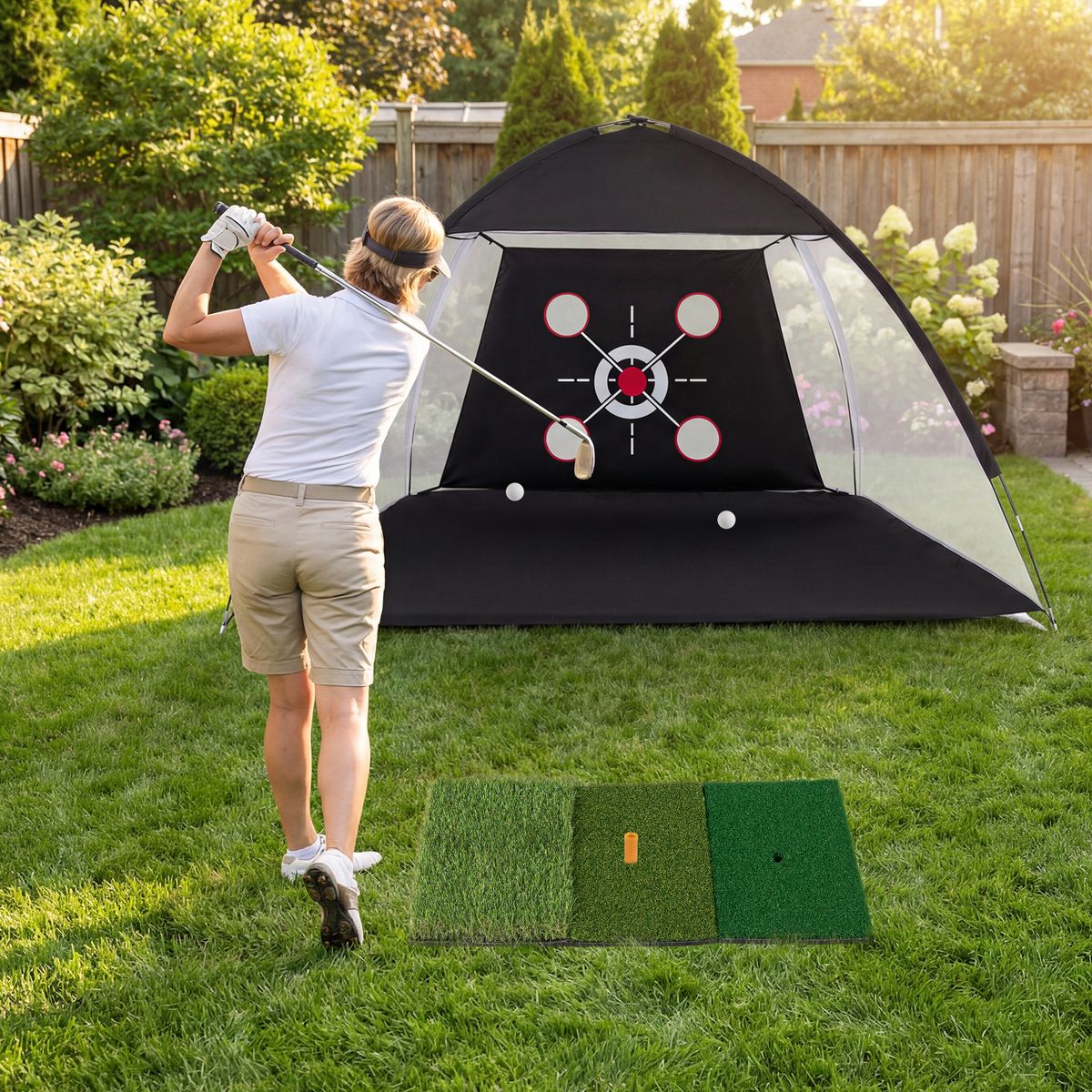 Filet d'entraînement de golf Coast avec tapis de départ - sac de transport et support de frappe inclus - utilisable à l'intérieur comme à l'extérieur - noir