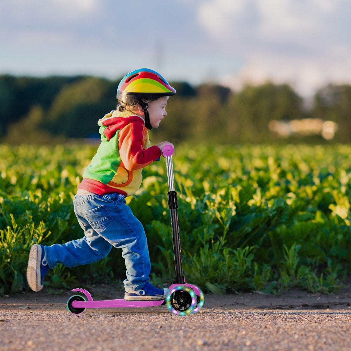 LifeGoods Scooter enfant TurboRide - Étape 5-8 ans - 3 roues lumineuses - Garçons/Filles - Rose