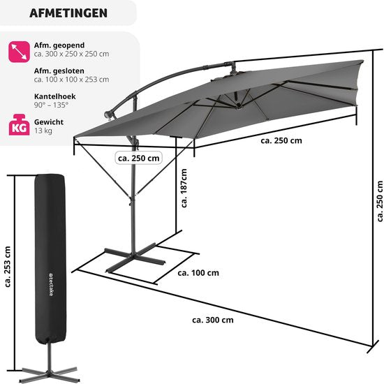 tectake® - Parasol Apollon square 250 x 250 cm - Avec protection contre le vent et housse de protection - gris