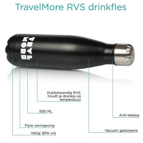 Gourde TravelMore en acier inoxydable - Tasse isotherme de sport - Gourde isotherme pour garder l'eau fraîche ou chaude - Gourde isotherme - Voiture - Fitness - Plein air - Course à pied - Adultes - Sans BPA - Double paroi - Tige - Acier - 500 ml - Noir