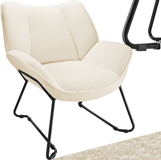 tectake® Chaise longue - Fauteuil relax rond - Fauteuil Teddy - Chaise tapissée - Revêtement bouclé - Fauteuil de lecture en peluche - Style scandinave - blanc crème
