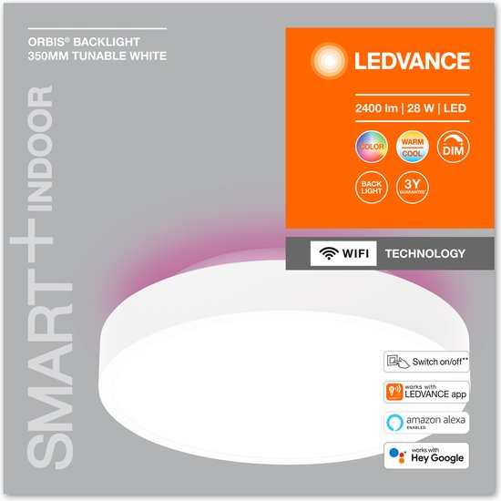 LEDVANCE Luminaire : pour plafond, DECORATIVE PLAFOND BACKLIGHT WITH WIFI TECHNOLOGY / 28 W, 22-...24- V, angle de rayonnement : 11-, RGBTW, 3-65- K, matériau du boîtier : acier, IP2-