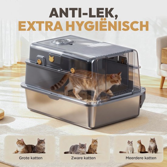 Petsy® - Bac à litière haut de gamme en acier inoxydable Pro - XXL - Avec neutralisateur d'odeurs - Avec pelle à litière, bac de récupération de litière et tapis anti-salissures - Pour grands et petits chats - Grande capacité de 37 L -