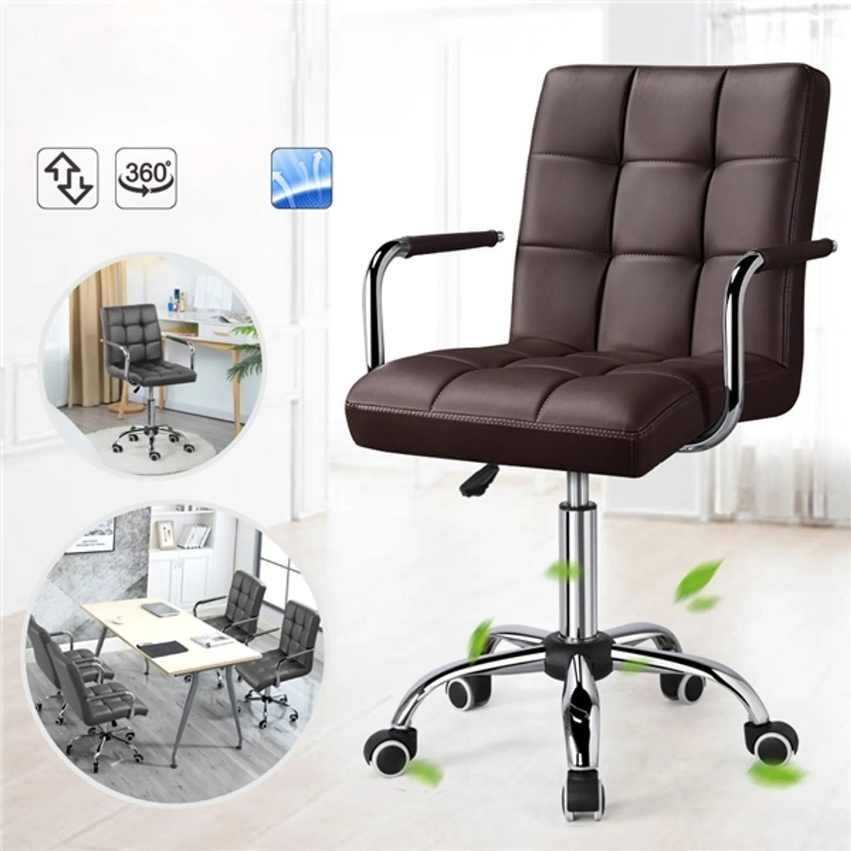 Yaheetech Chaise de bureau à hauteur d'assise réglable - 55 x 60,5 x 86,5-102 cm - équipée d'un rembourrage en mousse confortable, de roulettes insonorisantes et d'une structure en métal galvanisé - pour le bureau et la maison - en similicuir marron et
