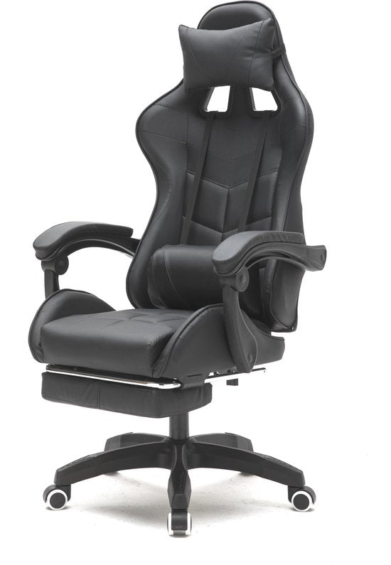 VDD Gaming - Chaise de jeu - Gaming - Chaise de bureau - Avec coussin de nuque et coussin de dossier réglable - Avec repose-pieds - Chaise de jeu en silicone - Chaise pivotante - Noir