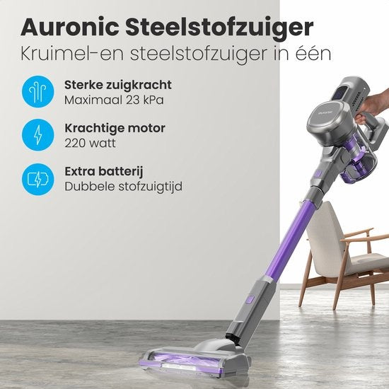 Auronic Stick hoover - Sans fil - Sans sac - Alimenté par batterie - Autonome - 220 W - Batterie supplémentaire - Gris/Pourpre