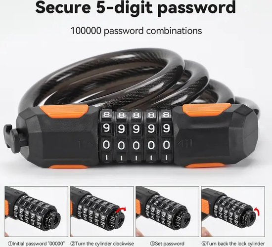 Garpex® Bicycle Lock Digit Lock - Cadenas Digit Lock pour bicyclette ou scooter électrique - Cadenas à câble - Noir avec fixation de support