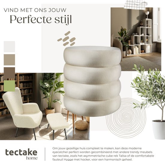 tectake® Tabouret avec rangement - Tabouret scandinave en tissu velours - Tabouret rembourré rond pour coiffeuse, chambre, salon ou comme meuble d'entrée - Tabouret de rangement - crème