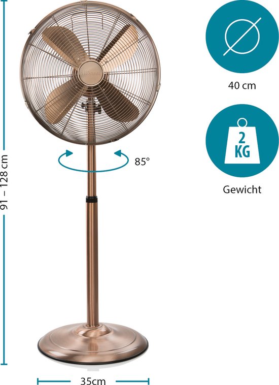 Ventilateur sur pied Tristar Retro 40 cm – 50 W – 3 vitesses – Oscillation à 85° – Réglage en hauteur – Couleur cuivre – VE-5971