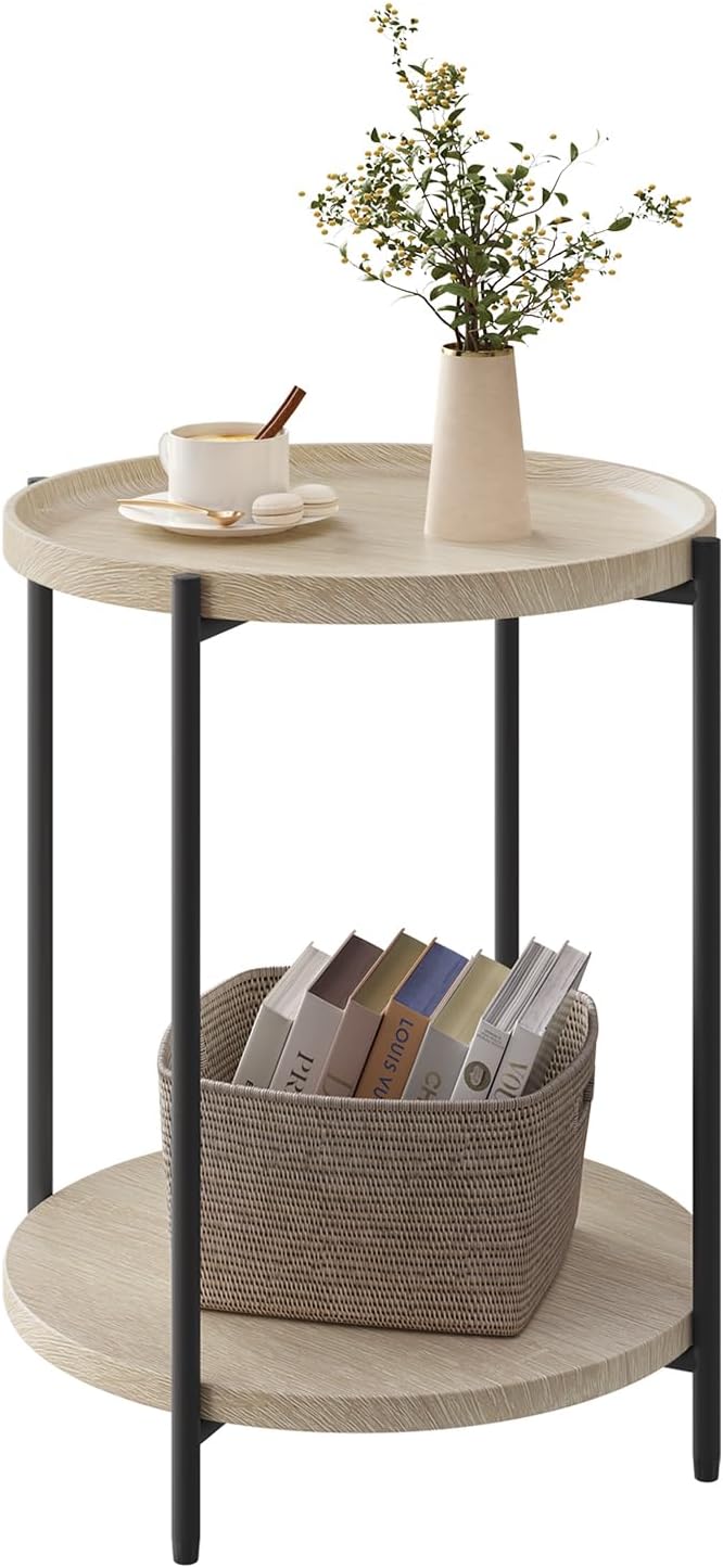 Table d'appoint ronde WOLTU - Chêne clair - 2 étagères