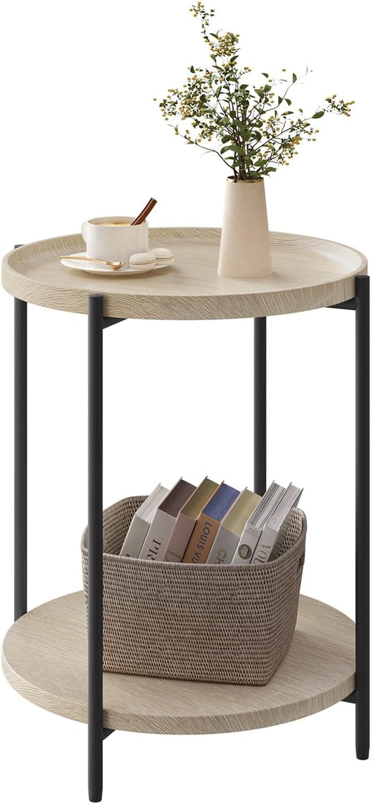 Table d'appoint ronde WOLTU - Chêne clair - 2 étagères