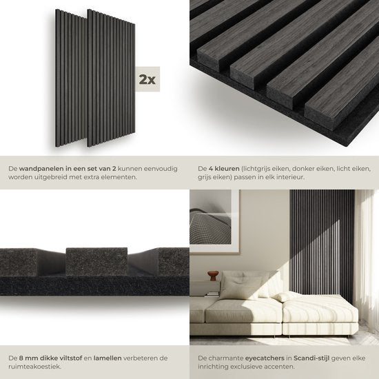 Panneaux acoustiques tectake® - Lot de 2 - Panneau mural acoustique - 60 x 120 cm - 1,44 m² - Panneaux muraux aux dimensions personnalisables - Panneau à lattes en MDF et placage de bois - Isolation acoustique - Décoration murale élégante - Montage facile