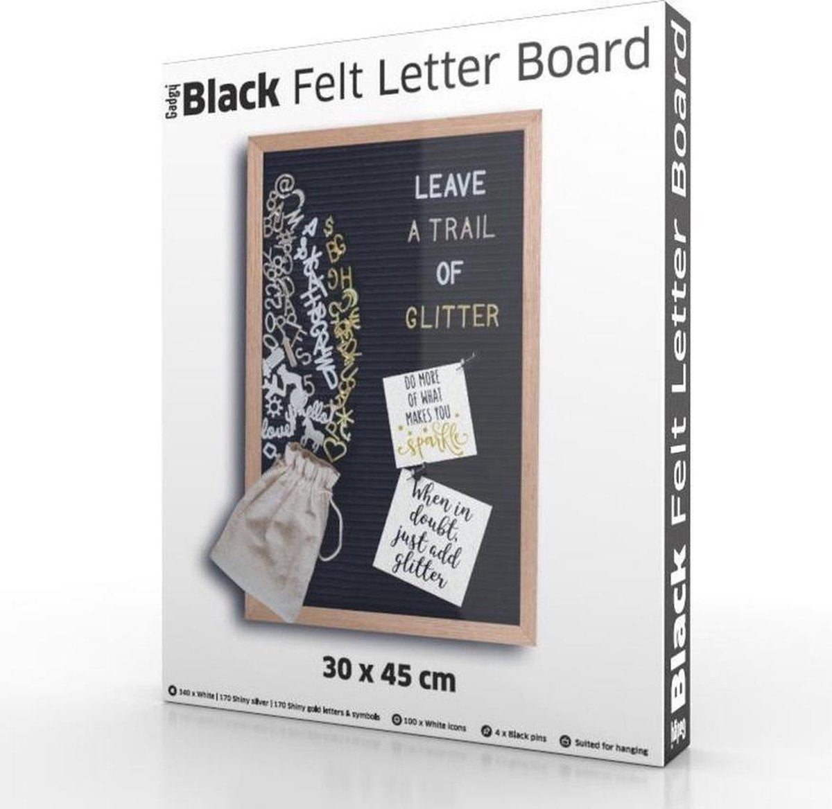 Gadgy Letterbord Zwart Vilt - Houten lijst 30x45cm - Inclusief 570 Kleuren Letters en 100 Icoontjes - Wanddecoratie Woonkamer - Leuk Cadeau - Verjaardagscadeau