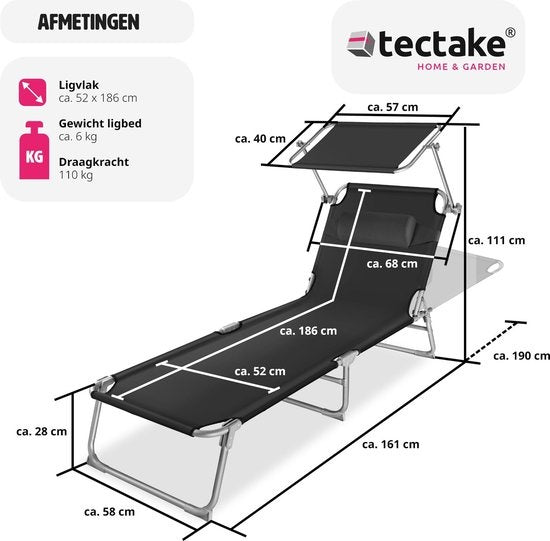Tectake - Bain de soleil - Structure en acier avec toit coulissant - robuste, dossier réglable en 4 positions avec coussin - Idéal pour jardin, piscine, camping - Noir