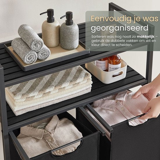 O'DADDY® Panier à linge avec 2 compartiments et 2 étagères - 76 litres - Trieur de linge coulissant - Organisateur de linge - Panier à linge - Boîte à linge - Double panier à linge - Noir/Marron