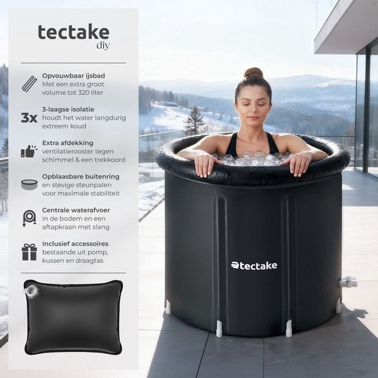 tectake® Bain de glace Helsinki - Ice Bath - Bain assis - Ø 75 x 75 cm - 320 litres - Cuve de glace pliable avec armature en aluminium et housse - Triple isolation - Bain de trempage avec sac de transport, coussin d'eau et pompe inclus